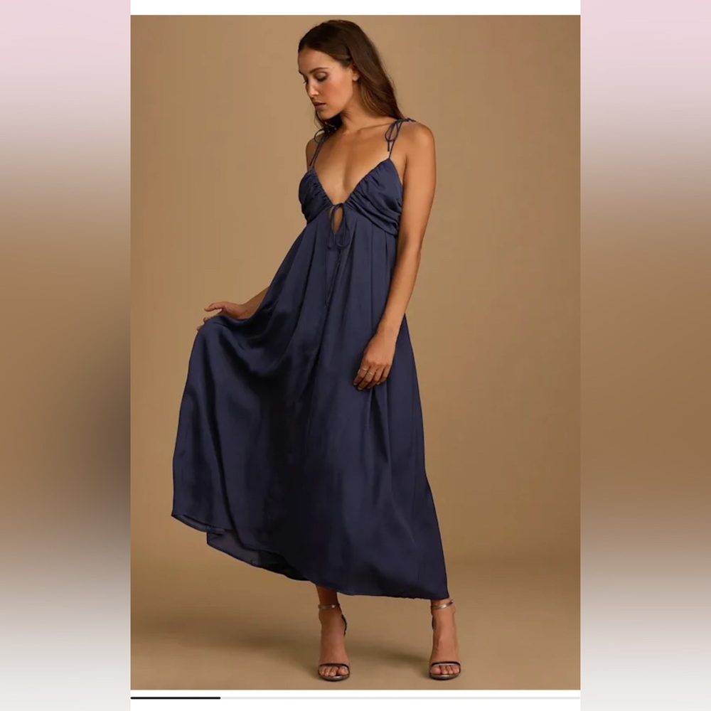 Navy Blue Satin Maxi Dress